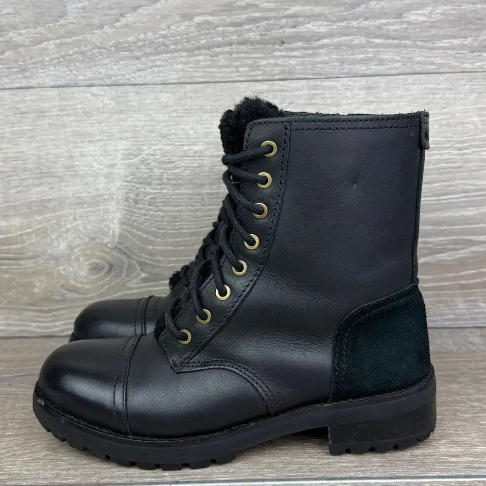 Ugg Kilmer II Exposed Fur Womens Sz 5.5 Black Leather Zip Lace 8-Eye Combat Boot - Picture 3 of 14